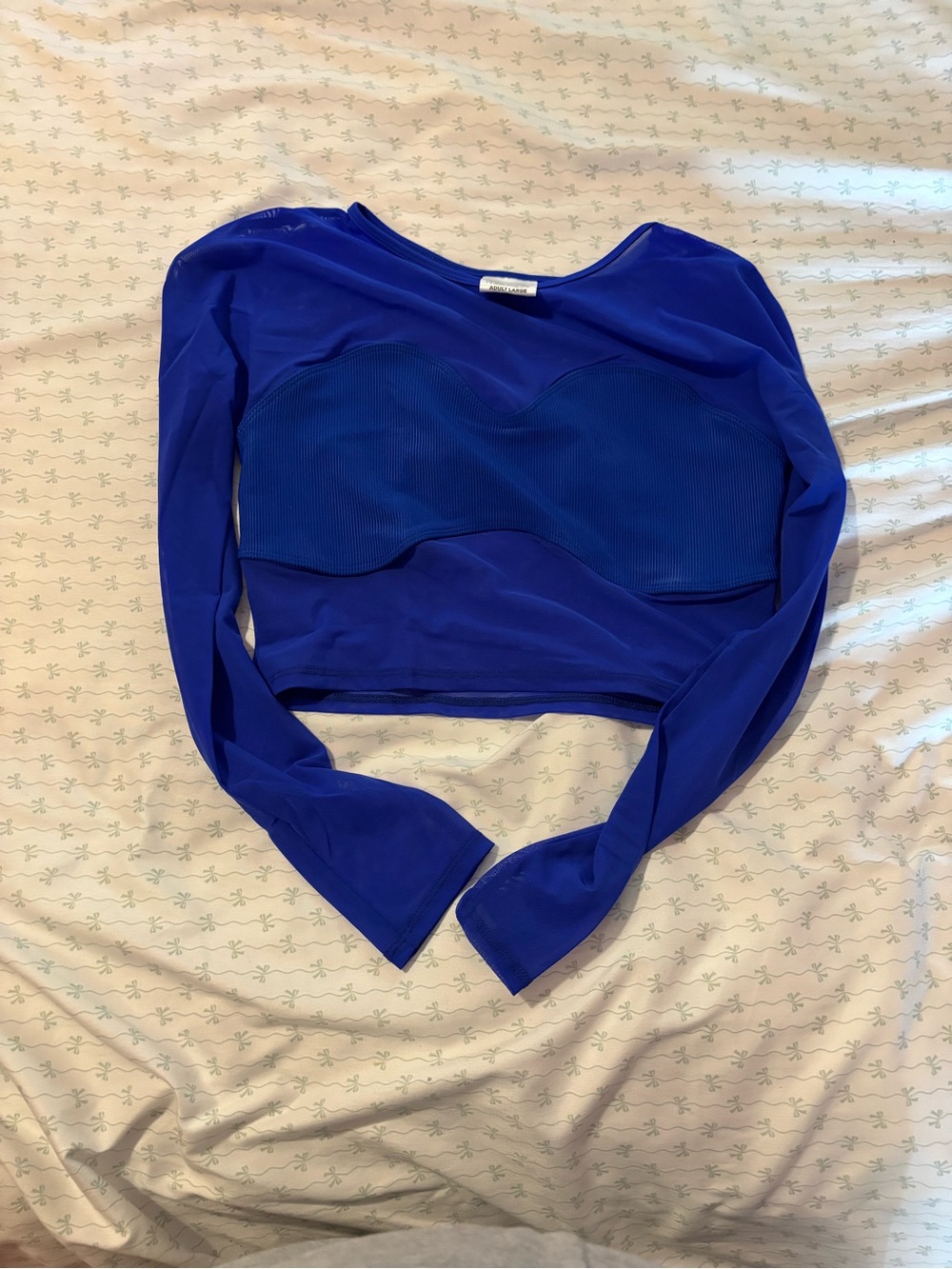 Women Royal Blue Long Sleeve Crop Top With Mesh and Ribbed Details Tiger Friday